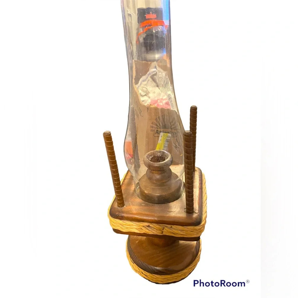 Footed wood base Hurricane glass shaded candle lamp holder